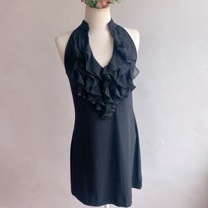 White House black market signature, knit dress with sheer ruffles on bust area